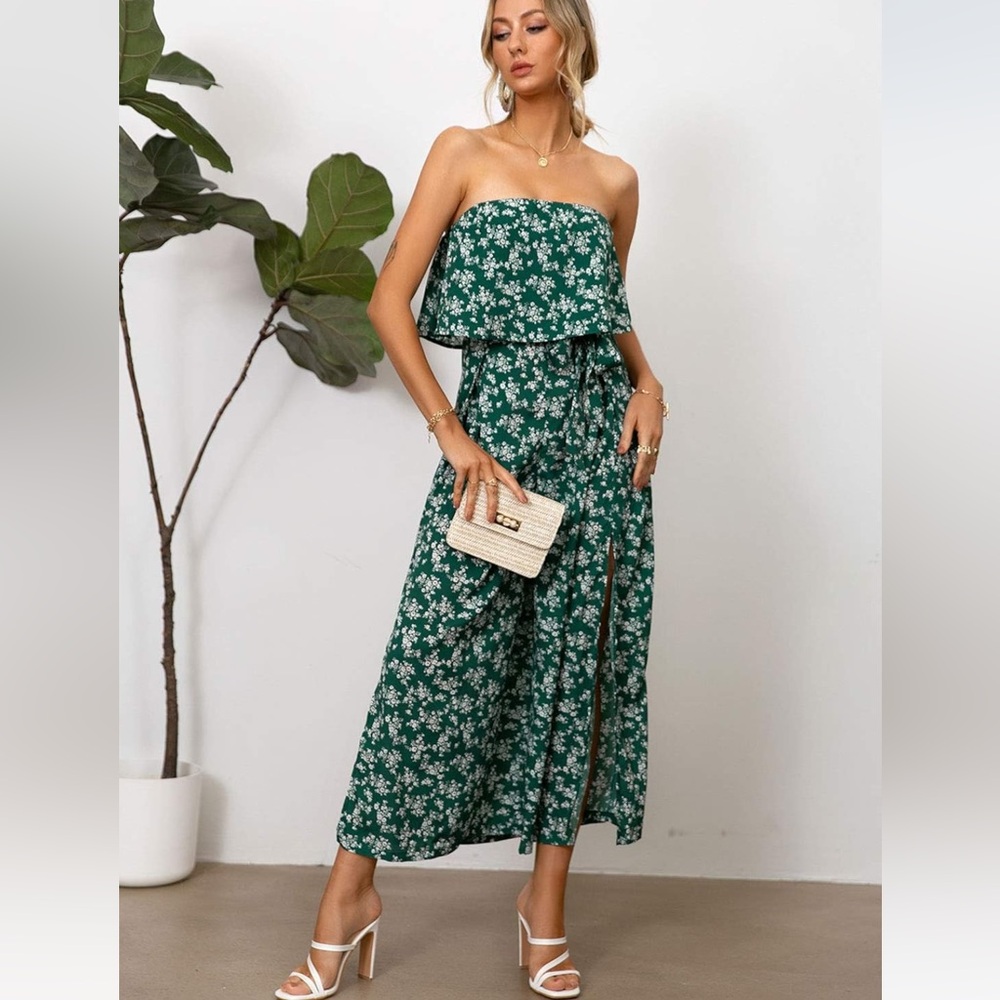 Strapless Floral Jumpsuit - Casual, Sleeveless, Wide Leg Pant